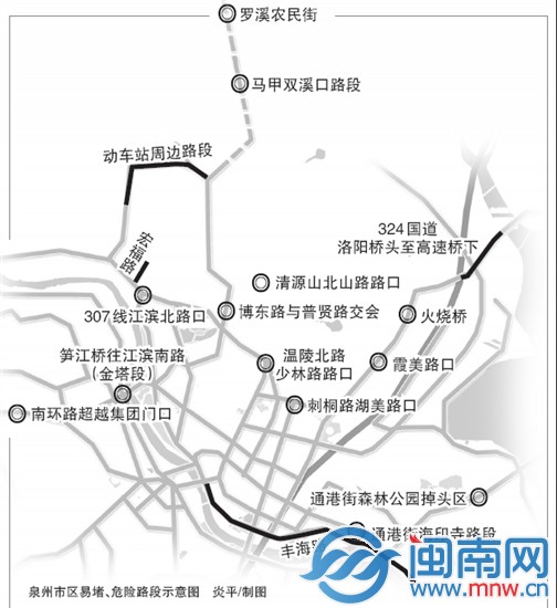 泉州市區(qū)易堵、危險(xiǎn)路段示意圖