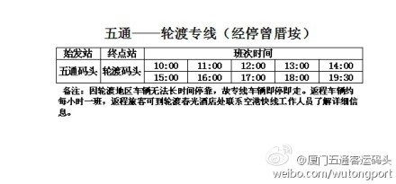 五通到輪渡專線時(shí)刻表