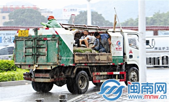 泉州市區(qū)坪山路，幾名工人在貨車車斗避雨不及