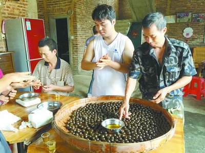 村民幫忙包裝制好的藥丸。