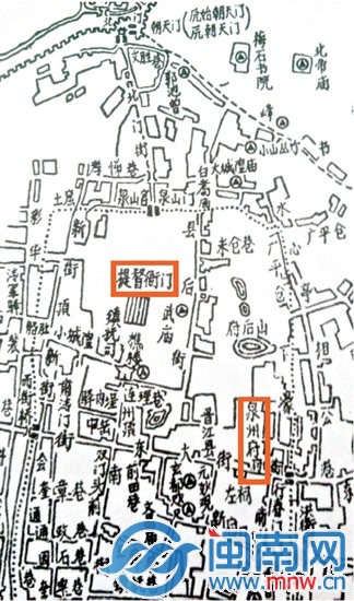 泉州古城址平面圖上，提督衙門在中山公園的位置
